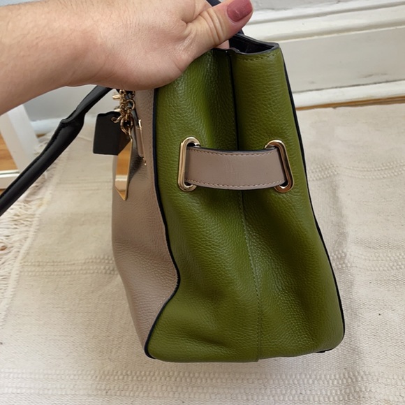 Coach Swagger Carryall Colorblock Leather Tote Satchel STONE Green Navy - Picture 14 of 15